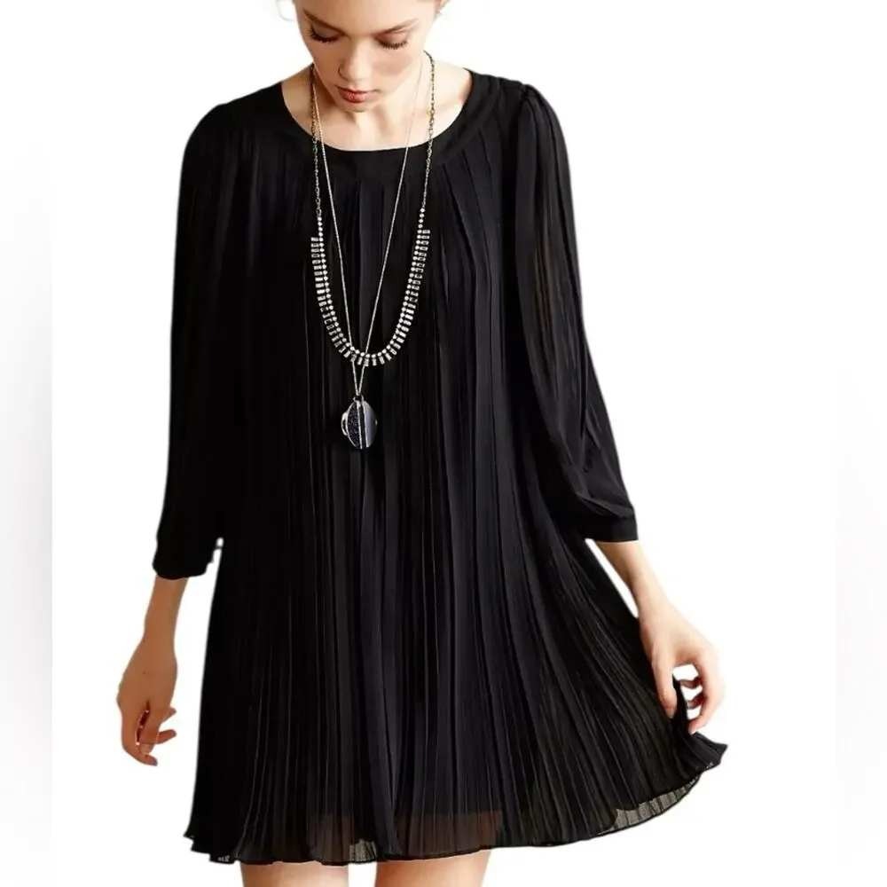 Dear Creatures Black Accordion Pleat Chiffon Mini Dress 3/4 Sleeve XS